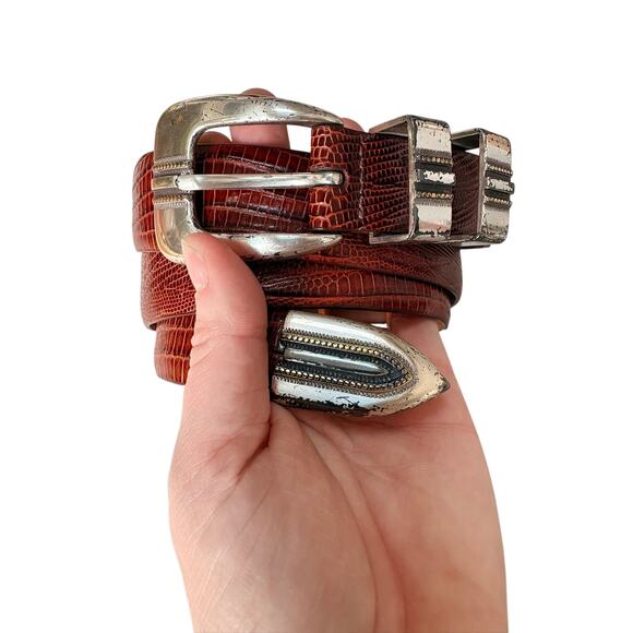 Johnston & Murphy Other - Johnston Murphy Leather Belt 34 Brown Embossed Croc Western Silver